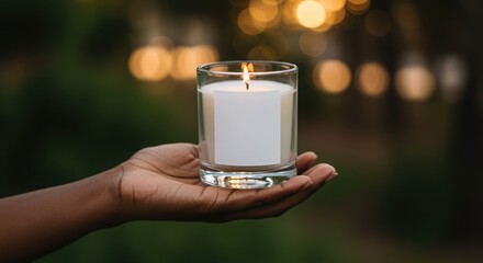 Candle Jar Mockup with Blank Label Held by Black Woman’s Hand in Natural Setting