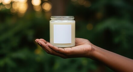 Candle Jar Mockup with Blank Label Held by Black Woman’s Hand in Natural Setting