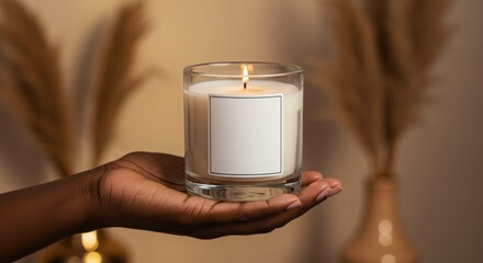Candle Jar Mockup with Blank Label Held by Black Woman’s Hand in Natural Setting