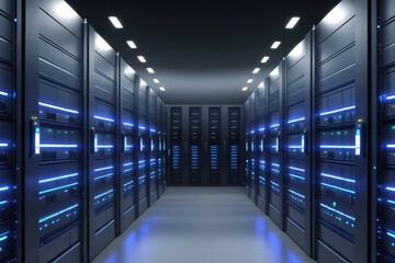 Fototapeta premium Server racks in modern server room data center. 3d illustration