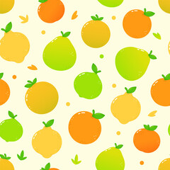 A vibrant and cheerful pattern of citrus fruits in various colors and shapes.