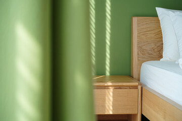 Serene Bedroom Interior Light and Shadow Play on Wooden Furniture