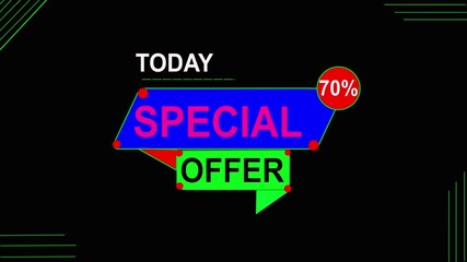 Special offer discount tags and shop now on transparent background. cyan color background 70% off special offer on a sale animation. 70% off percent discount label symbol animation motion graphic.4k v