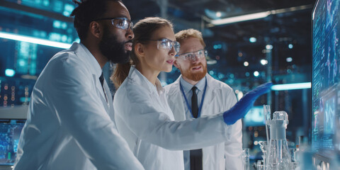 Collaborative Scientific Breakthrough: Diverse Team of Experts Analyzing Complex Data on Advanced Digital Screens in a Modern Research Facility.