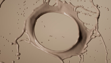 splash of beige paint, with droplets scattering in all directions. Round frame. Chocolate milk splatter. Abstract dynamic background. Drink or cosmetics concept. 3D rendering