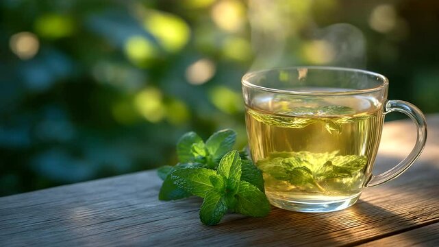Steaming herbal tea in a clear glass cup on a natural wood table, fresh lemon verbena and mint leaves placed close by, warm sunlight creating soft shadows for a serene wellness sce