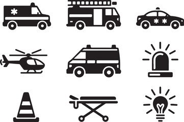 Emergency Vehicles Icons Ambulance, Firetruck, Police Car, Helicopter, and More