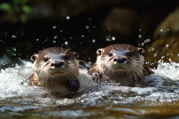 Fototapeta premium Playing otters sliding on their bellies in a stream, clean photography, high detailed