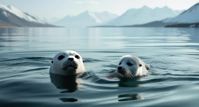 Baikal Seal with Baby Swimming Close Together &ndash; Stunning 4K Wildlife Footage in Pristine Lake Baikal