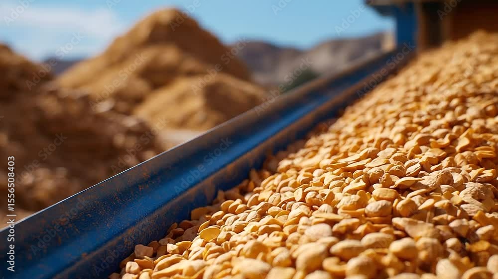 Poster tight shot of raw peanut shells on a conveyor belt, the background softly blurred with large heaps o