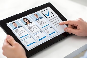 Human resource management technology (HR), Human resource manager touching human resource network structure and checks the CV online to choose the perfect employee for company, Effective recruitment.