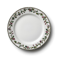 Classic white plate with a delicate floral rim design. Elegant tabletop decor for dining. A touch of vintage charm.