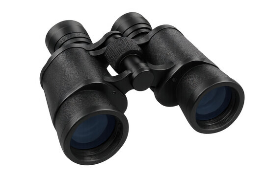 Black binoculars with textured surface isolated on transparent background, perfect for observing distant objects