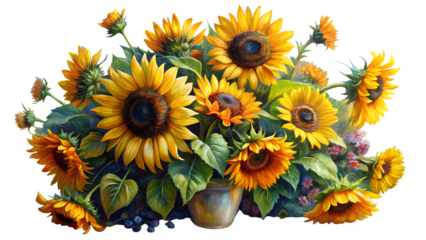 A vibrant sunflower bouquet in a vase isolated on transparent background