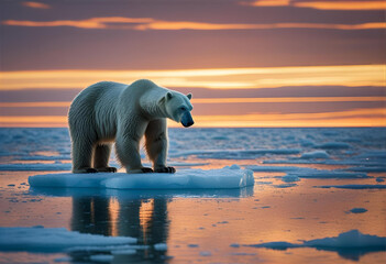 A polar bear stranded on a small melting ice floe in the ocean. Dramatic sunset background.