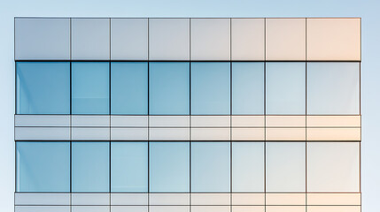 Building Facade: Modern architecture showcasing clean lines and reflective glass windows. The minimalist design emphasizes symmetry and light play.