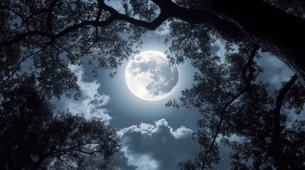 Naklejka premium The Full Moon Shining in the Night Sky with Clouds and Trees, Creating a Mysterious and Tranquil Atmosphere.