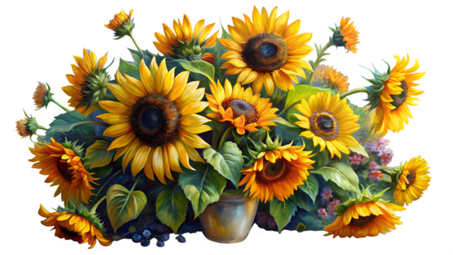 A vibrant sunflower bouquet in a vase isolated on transparent background