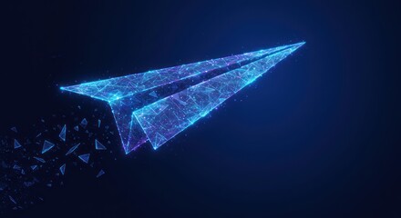 Digital paper airplane made of glowing blue triangles flies in dark space.