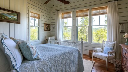 A light and airy bedroom with panoramic views.