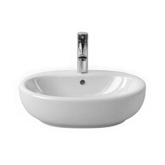 Fototapeta premium Close up of a white ceramic bathroom sink with a chrome faucet on white background