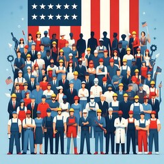 Diverse group of american workers standing in front of a large american flag