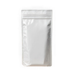 A blank white stand up pouch with a zipper seal on a white background shot