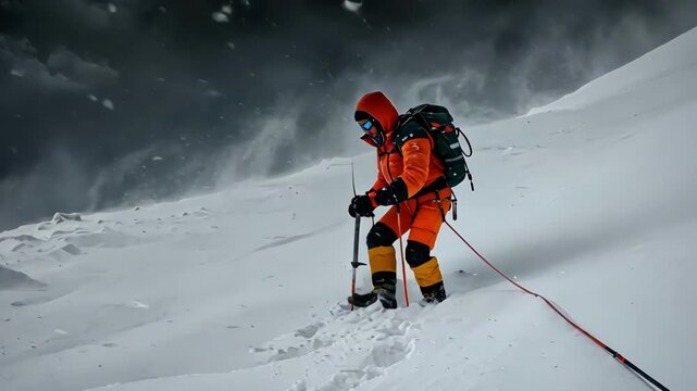 Climber ascending snow covered mountain during winter storm.