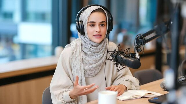 Young woman in hijab with passion in her voice, captured mid-podcast, gesturing while seated in a soundproofed corner office. A cup of coffee, journal, and tech gear are neatly arr