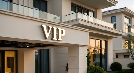 Fototapeta premium Illuminated VIP sign on a luxury modern building entrance creating an exclusive and premium atmosphere