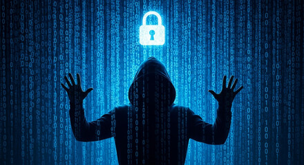 A hooded figure stands before binary code representing cybersecurity threats