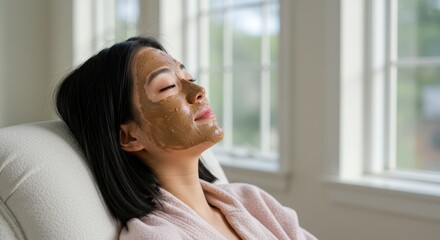 Woman relaxes in chair with facial mask near a window in a room.