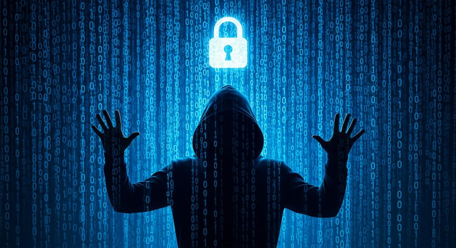 A hooded figure stands before binary code representing cybersecurity threats - Powered by Adobe