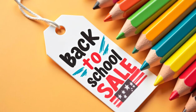 Back to school sale tag with colorful pencils on yellow background. Concept of shopping, education and seasonal discounts. - Powered by Adobe