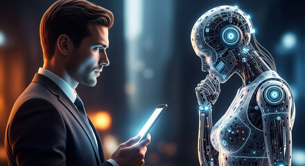 Man using a smartphone while standing next to a futuristic ai robot