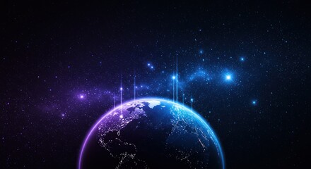 Naklejka premium Earth globe in dark space with glowing lights and stars abstract background.