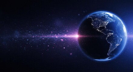 Obraz premium Earth globe with city lights and a bright streak in space.