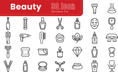 beauty and Skincare line icon set collection. Thin Line editable Stroke vector file. Pixel Perfect. face mask, serum bottle, dropper, sunblock tube
