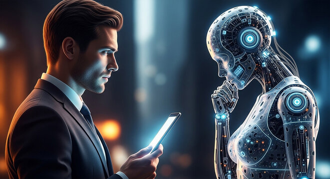 Man using a smartphone while standing next to a futuristic ai robot
