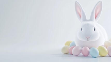 White easter bunny with pastel eggs