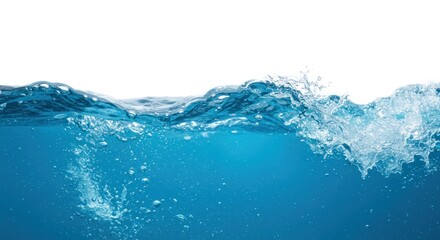 Water surface with splashes and bubbles against a white background.