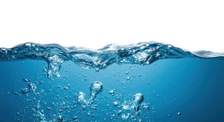 Blue water surface with bubbles against a white background.