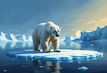 A polar bear stranded on a small melting ice floe in the ocean. 