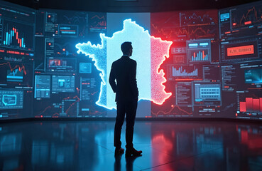 Businessman stands before digital trading platform, France map with flag colors background. Economic growth stock market chart, investment trends global challenges opportunities. Finance, economy,