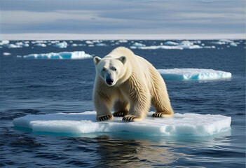 A polar bear stranded on a small melting ice floe in the ocean. 