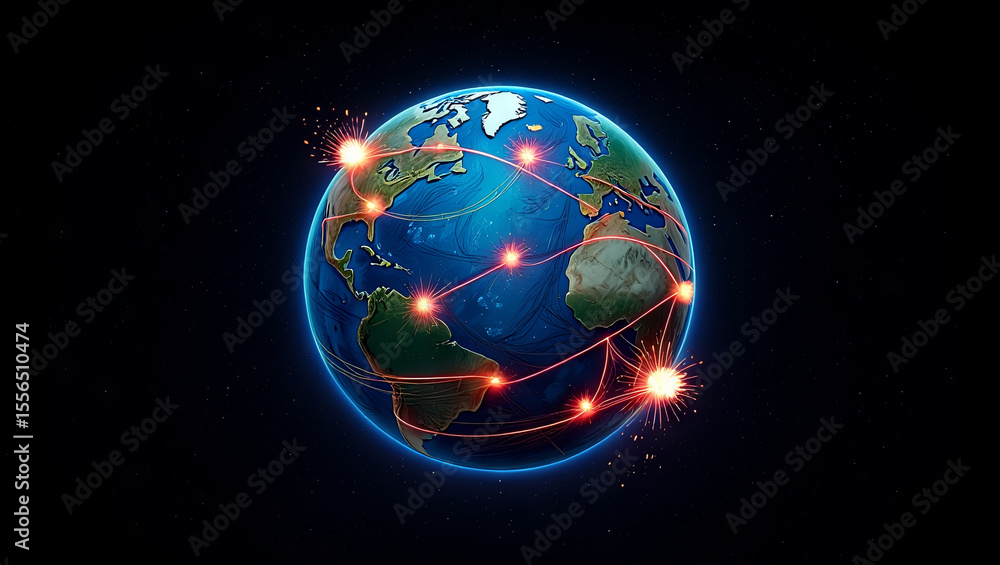 Poster a vibrant depiction of the earth showcasing multiple glowing connections between continents, represe