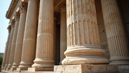 Exterior of central bank building with massive pillars. Architecture in classical style. Corinthian columns. Day time shot against clear sky. Government building, local landmark in city. Travel