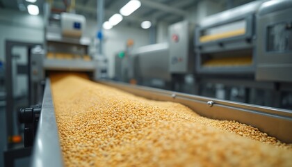 Automated grain processing line in a food factory. Wheat kernels transport, clean and prepare for flour production. Milling, industrial food processing, agricultural technology, production line.