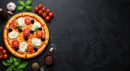 Pizza with tomatoes mozzarella olives and basil on a dark textured surface.