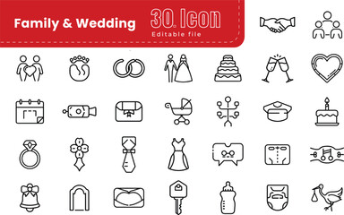 Wedding Line Icons set collection. Thin Line editable Stroke. Pixel Perfect. Contains such icons as Wedding, Heart, Love, Wedding Dress, Engagement Ring,